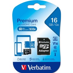 Verbatim Premium Micro SDHC Memory Card With Adapter Class 10 UHS-I 16GB Black