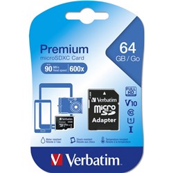 Verbatim Premium Micro SDXC Memory Card With Adaptor Class 10 UHS-I 64GB Black