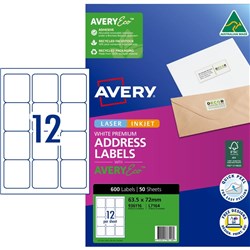 Avery Premium Address Labels White Laser Inkjet AveryEco L7164 63.5x72mm 12UP 600 Lab