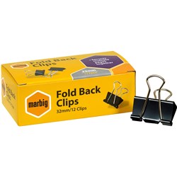 Marbig Foldback Clips 32mm Black Box Of 12 