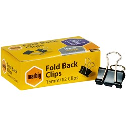 Marbig Foldback Clips 15mm Black Box Of 12 