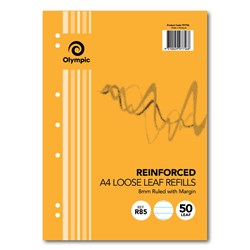 OLYMPIC LOOSE LEAF REFILLS A4 8mm Ruled 7 Hole Reinforced 50 Leaf Pack of 50