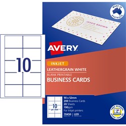 Avery Business Cards Laser Inkjet Labels Matte White LJ39 90x52mm 10UP 200 Cards