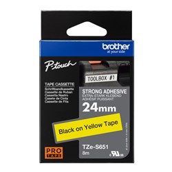 Brother TZE-S651 P-Touch Tape 24mmx8m Black on Yellow Strong Adhesive