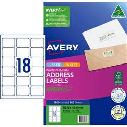Avery Premium Address Labels White Laser Inkjet AveryEco L7161 63.5x46.6mm 18UP 1800 Lb