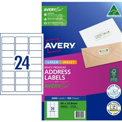 Avery Premium Address Labels White Laser Inkjet AveryEco L7159 64x33.8mm 24UP 2400 Lab