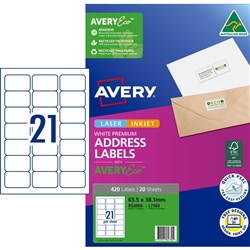 Avery Premium Address Labels White Laser Inkjet AveryEco L7160 63.5x38.1mm 21UP 420 Lab