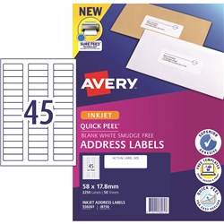 Avery Filing Laser & Inkjet Inkjet Labels White J8156 58x17.8 45 45UP2250 Labels