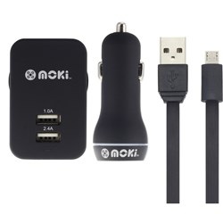 Moki MicroUSB SynCharge Cable With Car and Wall Charger Black
