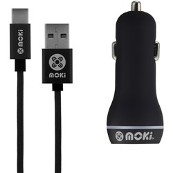 Moki Type-C SynCharge 90cm Braided Cable + Car Charger Black