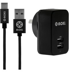 Moki Type-C SynCharge 150cm Braided Cable + Wall Charger Black